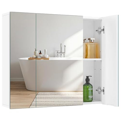 Yaheetech 28" White Bathroom Medicine Cabinet with 3 Frameless Mirror Doors | Bathroom Mirror with Storage, 28" x 24" x 6" MDF Wall Cabinet, Adjustable Shelf, Soft-Close Glass Doors, Frees Up Counters - style: 3 Doors