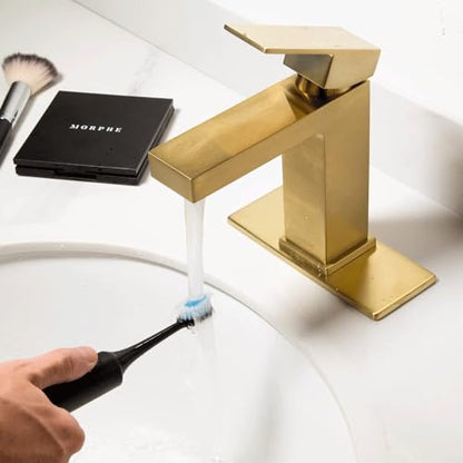 Brushed Gold Bathroom Faucet Single Hole,Modern Bathroom Sink Faucet Single Handle Vanity Faucet with Pop up Drain Assembly, Deck Plate Included, 1.2 GPM, BF307-SG - color: Brushed Gold