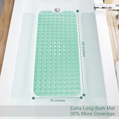 TEESHLY Bath Tub and Shower Mats, Non-Slip 39 x 16 Inch Extra Long Bathtub Mat, Machine Washable BathMat with Drain Holes, Suction Cups for Bathroom (Opaque Pale Green) - color: Opaque Pale Green