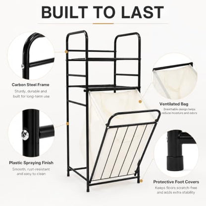 Tilt Out Laundry Hamper with Shelves, 3-Tier Storage Cabinet with Removable Liner Bag, 16.9" x 13" x 39.4" Carbon Steel Frame for Bathroom, Bedroom, Laundry Room - Black