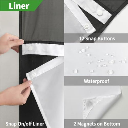 eachope No Hooks Needed Linen Textured Shower Curtain with Snap-in Fabric Liner Set,Black Hotel Luxury Decor Shower Curtains for Bathroom with Mesh Top Window,Waterproof & Washable,71Wx74H | 230GSM Thick Fabric,Hotel Luxury Decor,Mesh Top Window,Waterproo