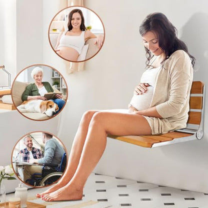 Foldable Shower Seat Wall Mounted 18 in Wide, Teak Bench for Small Shower | Foldable Design, Shower Use - size: 18INCH