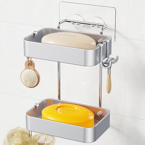Orimade Aluminum 2 Tier Soap Holder for Shower – Wall Mounted Rustproof Soap Dish with Hooks, No Drilling Adhesive Soap Rack for Bathroom, Kitchen, RV – Quick Draining & Space Saving (Silver)
