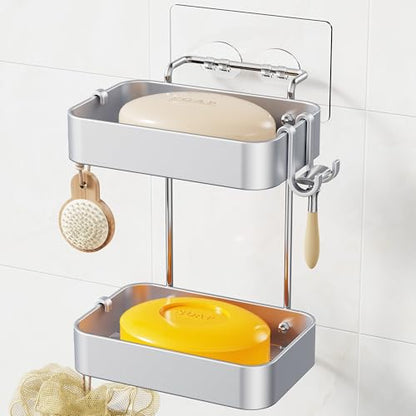 Orimade Aluminum 2 Tier Soap Holder for Shower – Wall Mounted Rustproof Soap Dish with Hooks, No Drilling Adhesive Soap Rack for Bathroom, Kitchen, RV – Quick Draining & Space Saving (Silver)