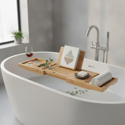 Adjustable Bathtub Organizer Tray with Drink Holder & Phone Slots, Natural Bamboo Bath Caddy for Standard Tubs
