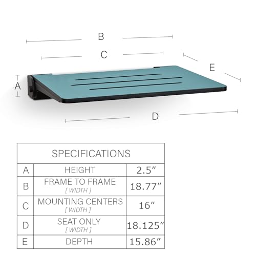 18 inch Silhouette Slimline Folding Wall Mount Shower Bench Seat, Teal Seat with Matte Black Frame - color: Teal Seat With Matte Black Frame