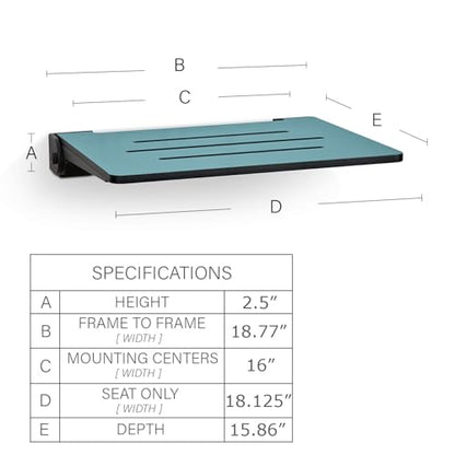 18 inch Silhouette Slimline Folding Wall Mount Shower Bench Seat, Teal Seat with Matte Black Frame - color: Teal Seat With Matte Black Frame