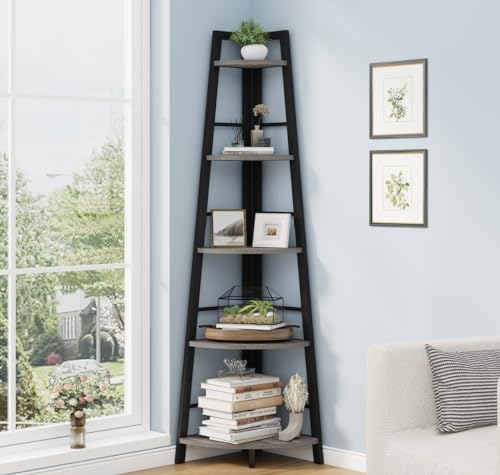 Rustic Tall Corner Bookshelf, 5 Tier Wood and Black Metal Corner Ladder Shelf, Industrial Corner Bookcase and Gray Corner Shelf for Living Room, Bathroom, Kitchen (Dark Gray Oak) - color: Dark Grey Oak, size: Corner Ladder Shelf