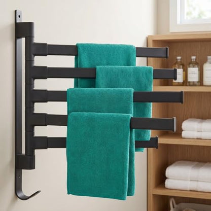 Black Aluminum Swivel Towel Bar, Wall Mounted 180 Degree Rotating Multi-Arm Towel Rack with Bottom Hook for Bathroom Kitchen(5-Arm) - size: 5-Arm