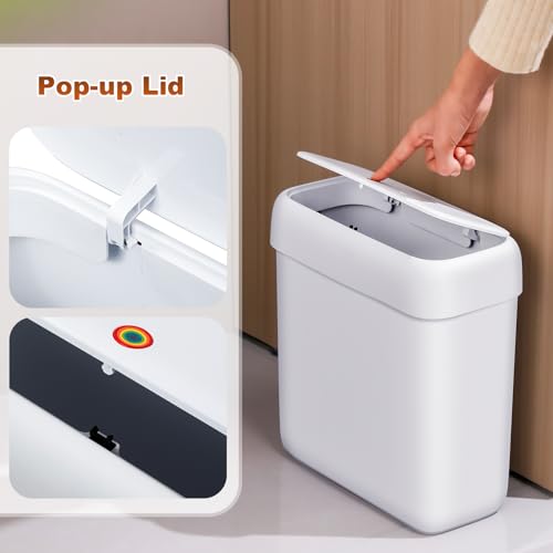 funest 2 Pack Bathroom Trash Can with Pop-Up Lid,3 Gallon & 2.7 Gallon Small Spaces Plastic Garbage Can,Slim Wastebasket for Bathroom, RV, Office, White - style: 2-piece set