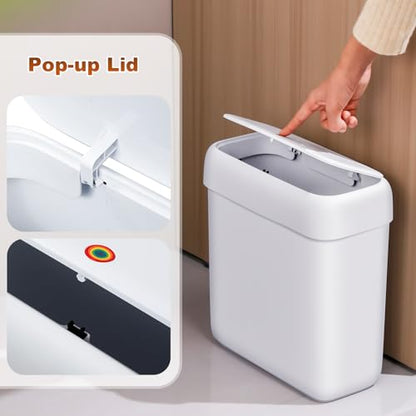 funest 2 Pack Bathroom Trash Can with Pop-Up Lid,3 Gallon & 2.7 Gallon Small Spaces Plastic Garbage Can,Slim Wastebasket for Bathroom, RV, Office, White - style: 2-piece set