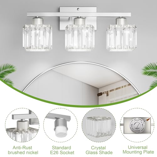 comzler 3-Light Bathroom Light Fixtures Over Mirror, Brushed Nickel Crystal Wall Sconce with E26 Base for Mirror Kitchen Living Room Bathroom, Square Crystal Shades (Bulbs Excluded) - size: Square