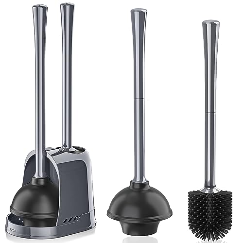 Toilet Plunger and Brush, Silicone Bowl Brush and Heavy Duty Toilet Plunger Set with Ventilated Holder, 2-in-1 Toilet Brush and Plunger Combo for 5.3-inch Bathroom Cleaning (Gray, 1 Set) - color: Gray
