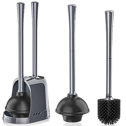 Toilet Plunger and Brush, Silicone Bowl Brush and Heavy Duty Toilet Plunger Set with Ventilated Holder, 2-in-1 Toilet Brush and Plunger Combo for 5.3-inch Bathroom Cleaning (Gray, 1 Set) - color: Gray