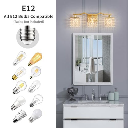 WUZUPS 3-Light Bathroom Light Fixture Over Mirror Morden Vanity Wall Sconces Light Clear Crystal Drop for Bedroom Living Room, E12 Base, Gold - color: Gold Wall light