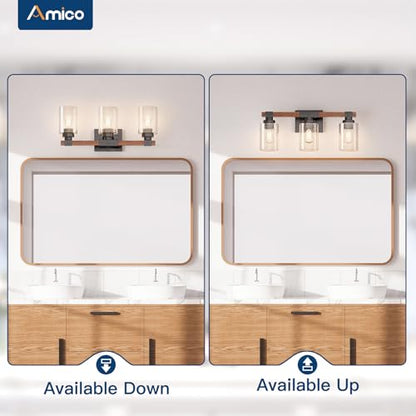 Amico 3-Light Farmhouse Bathroom Vanity Light, Seeded Glass, Black & Wood | Bubble Glass Shade Wall Sconce, Over Mirror Lighting for Bathroom, Bedroom, Living Room, Hallway, Powder Room, Entryway - size: 3-Light