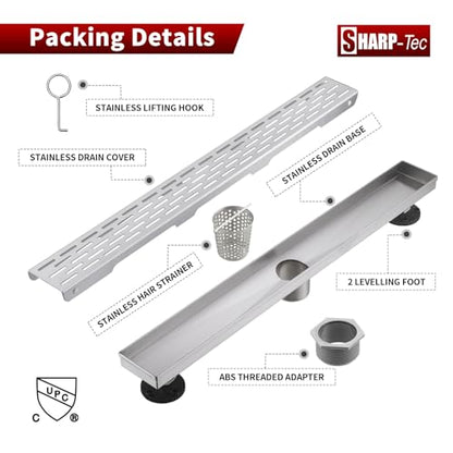 Sharp-tec Shower Drain, 28 inch Linear Shower Drain, Brushed 304 Stainless Steel Rectangular Shower Floor Drain with Adjustable Leveling Feet, Hair Strainer, cUPC Certified, ST-096-28S - color: Brushed Nickel, size: 28 Inch