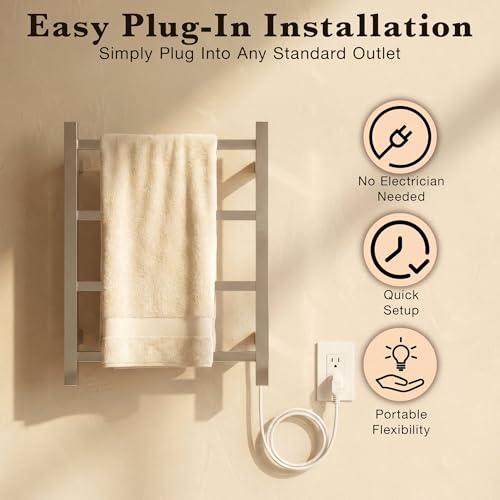 WarmlyYours Palma Heated Towel Rack, 4 Bars, Polished Steel | Wall-mounted compact electric towel warmer and dryer, plug-in or hardwired, 304 stainless steel, warms 2 towels or a robe