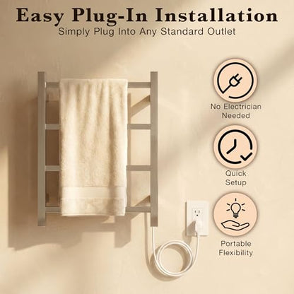 WarmlyYours Palma Heated Towel Rack, 4 Bars, Polished Steel | Wall-mounted compact electric towel warmer and dryer, plug-in or hardwired, 304 stainless steel, warms 2 towels or a robe