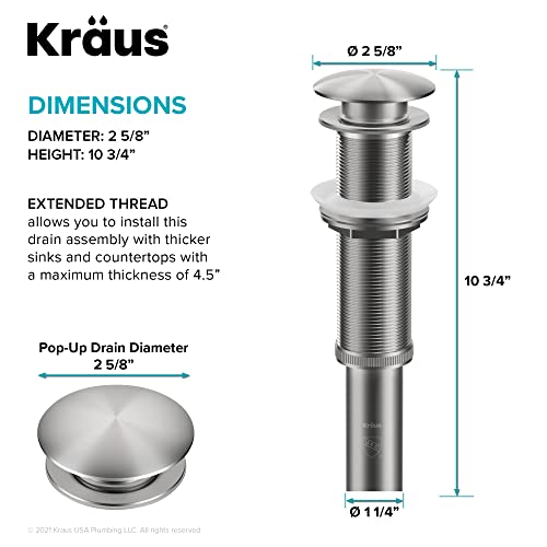 KRAUS Bathroom Sink Pop-Up Drain with Extended Thread for Thicker Countertops and Glass Sinks in Spot-Free Stainless Steel, PU-L10SFS - color: Spot Free Stainless Steel, size: 10 3/4 Inch