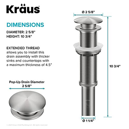 KRAUS Bathroom Sink Pop-Up Drain with Extended Thread for Thicker Countertops and Glass Sinks in Spot-Free Stainless Steel, PU-L10SFS - color: Spot Free Stainless Steel, size: 10 3/4 Inch