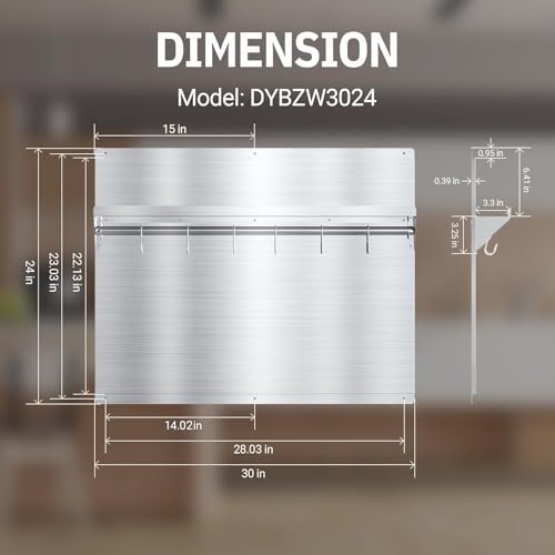 EKON Stainless Steel Backsplash 24 x 30 Inch Wall Shield for Kitchen Easy Clean And Installation with Built-in Storage Shelf and Hanging Rack