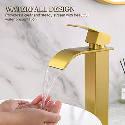 Gold Vessel Sink Faucet, Single Hole Waterfall Tall Bathroom Vanity Faucet | Brushed Gold Vessel Sink Faucet, YardMonet Single Handle Bathroom Faucet with Drain Assembly and Hose, Stainless Steel - size: Tall