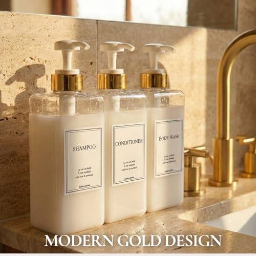 Modern Gold Design Shampoo and Conditioner Dispenser, Large 27oz Shower Soap Dispenser, Set of 3 Refillable Empty Plastic Pump Bottles for Bathroom, 6 Waterproof Labels Included, (Clear & White) - color: Clear & White