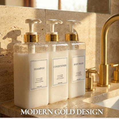 Modern Gold Design Shampoo and Conditioner Dispenser, Large 27oz Shower Soap Dispenser, Set of 3 Refillable Empty Plastic Pump Bottles for Bathroom, 6 Waterproof Labels Included, (Clear & White) - color: Clear & White