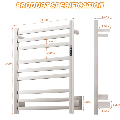 9 Bars Wall Mounted Towel Warmer, Heated Towel Rack for Bathroom, Smart Control with 24-Hour Timer, Plug-in or Hardwired Installation Hot Towel Rack, Stainless Steel Towel Warmer Rack