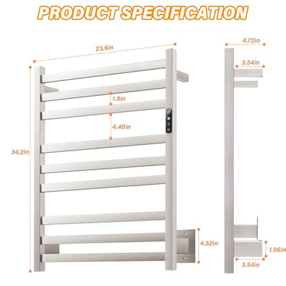 9 Bars Wall Mounted Towel Warmer, Heated Towel Rack for Bathroom, Smart Control with 24-Hour Timer, Plug-in or Hardwired Installation Hot Towel Rack, Stainless Steel Towel Warmer Rack