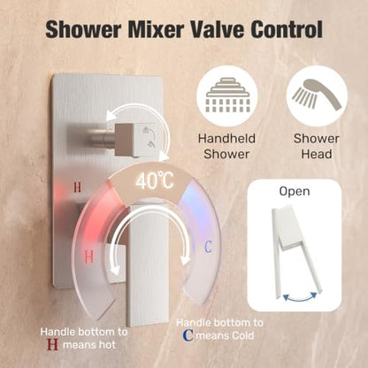 NEWBULIG Shower Faucet Set, Square Rainfall Shower Head and Handle Set with Valve Trim Kit,10.5 Inch Head, Brushed Nickel