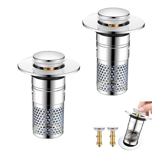 2 PCS 3-in-1 Bathroom Sink Drain Strainer Stopper，Stainless Steel Pop-up Strainer Basket Hair Catcher with Removable Basket, Brass Bullet Core, Universal Fit for Bathtubs, Showers & Floor Drains