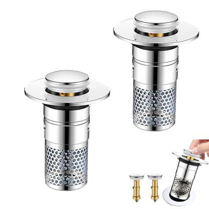2 PCS 3-in-1 Bathroom Sink Drain Strainer Stopper，Stainless Steel Pop-up Strainer Basket Hair Catcher with Removable Basket, Brass Bullet Core, Universal Fit for Bathtubs, Showers & Floor Drains