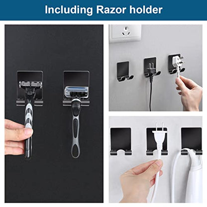 Razor Holder 304 Stainless Steel for Shower + Adhesive Sticky Heavy Duty Waterproof Wall Hooks, Premium for Hanging Towels, Coat, hat (2+2 Pack) - Black - color: Black-4pcs