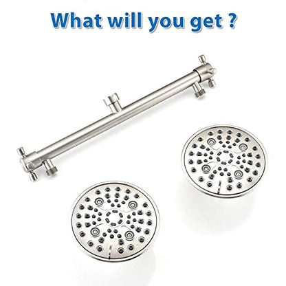 Proox Double Shower Head with Built-in Valve, High Pressure 6 Setting Dual Shower Head Design for Couple on Walk-in Bathroom or Single on Bathtub Bathroom - Brushed Nickel - color: Brushed Nickel