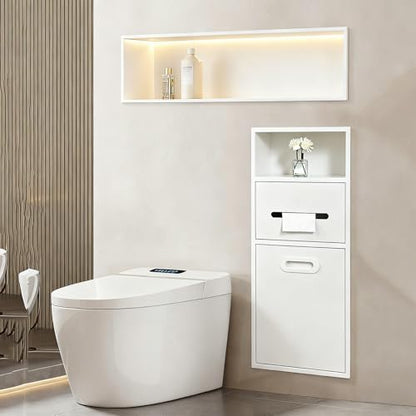 Stainless Steel Recessed Shower Nich with Built-in Trash Can(25.4X11.2IN) | Waterproof Bathroom Niche Built-In Alcove Toilet Paper Toiletries Storage Rack for Living Room Bedroom Hotel Residential - color: White