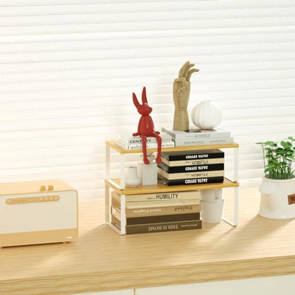 NEX Kitchen Cabinet and Counter Shelf Organizer, Stackable & Expandable, Set of 4, White and Natural - 7.7 x 15.6 x 6.2'' | Stackable Expandable Spice Rack, Space-Saving Pantry Organizers Bathroom Countertop Storage, White and Natural - color: Cloud White