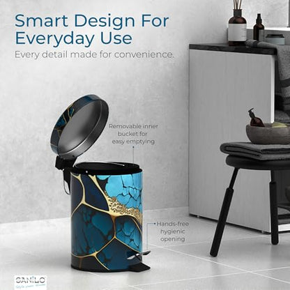 Sanilo Small Bathroom Trash Can with Lid [1.3 Gallon] - Lidded Tiny Trashcan for Garbage - Mini Metal Bin with Soft Closing Mechanism - Bath Room Accessoire Wastebin with Inner Bucket (Marble Cobalt) - color: Marble Cobalt
