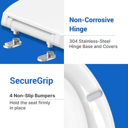 Plus Round Toilet Seat, Slow Close, Plastic, White | No-Slam, Magnetic Quick-Release Easy Clean, Easy Installation, SecureGrip Bumpers, Wobble-Free, Adjustable Fit - size: Round