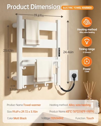Wall Mounted Heated Towel Rack, 4-Bar Towel Warmer for Bathroom | PTC Fast Heating Up to 170°F in 6 Minutes, Adjustable Temperature 110–170°F, 2–12H Timer, Space Aluminum, Matte White - color: White, size: 4-Bars