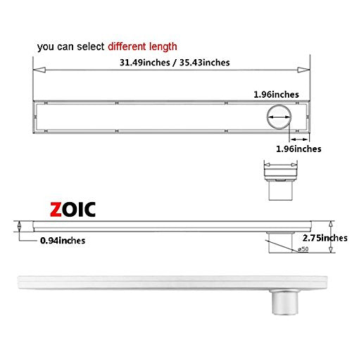 ZOIC Linear Stealth Tile Insert Floor Grate Bathroom Shower Waste Drain 304 Stainless Steel Side Outlet 35.43 Inches (900MM) - size: 35.43''(900MM)