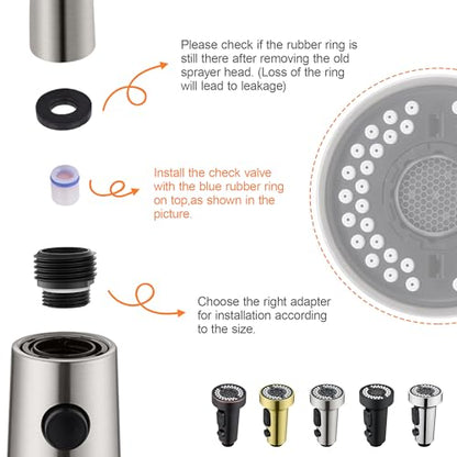 TIORIY Pull Down Spray Head Replacement - for Kitchen Faucet Sprayer Head with 15 Adapters, 3 Function Pull Out Faucet Spray Nozzle, Brushed Nickel - color: Brushed Nickel, style: Blade Spray