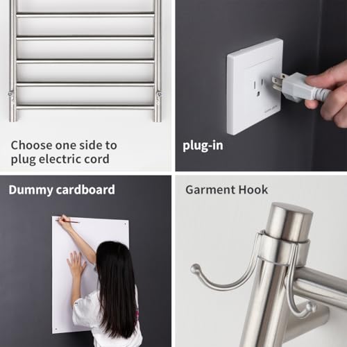12-Bar Brushed Wall-Mounted Towel Warmer, Plug/Hardwired, 3 Timers | 12 Bars, can be surface-mounted or flush-mounted, with wiring/cable exit available on either the right or left side - color: Brushed