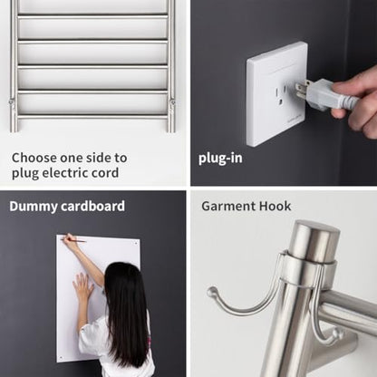 12-Bar Brushed Wall-Mounted Towel Warmer, Plug/Hardwired, 3 Timers | 12 Bars, can be surface-mounted or flush-mounted, with wiring/cable exit available on either the right or left side - color: Brushed