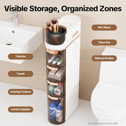 4 Tiers Slim Bathroom Storage Cabinet, 4 Drawer Narrow Slim Storage Cart, Mobile Storage Organizer with Tissue Box and Removable Dividers for Bathroom, Bedroom, Kitchen (White+Tawny)