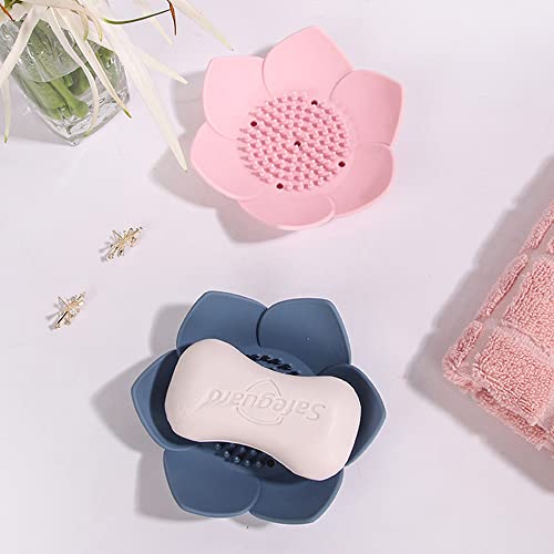 2 Pack Silicone Soap Tray Dishes Soap Holder Saver Draining Bathroom Shower Sink Bathtub - color: 2 Pack, Pink + Blue