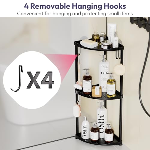 SWTYMIKI Corner Shower Caddy Standing - 3 Tier Stainless Steel Shower Organizer Stand, Large Capacity Floor Shelf with 4 Hooks, Rustproof Bathroom Storage Rack, Black