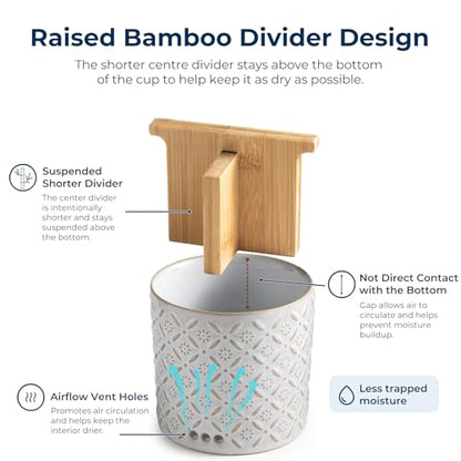 Zoeeker Toothbrush Holders, Ceramic Electric Toothbrush & Toothpaste Holder | Detachable 3 Slots Tooth Brush Cup with Drain Holes & Bamboo Divider, Makeup Brush Storage Holder for Bathroom, Family, Kids - color: White