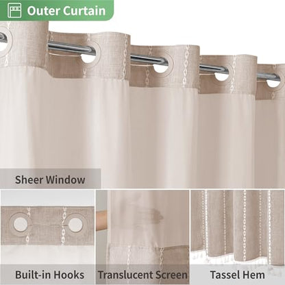 eachope No Hook Stall Shower Curtain with Snap-in Fabric Liner - 54x80 Heavy-Duty Linen Textured Striped Design,Narrow Rustic Modern Farmhouse Bohemian Bathroom Curtain,Water-Repellent,Tan/Taupe - color: Taupe, size: 54"W x 80"L (Pack of 1)